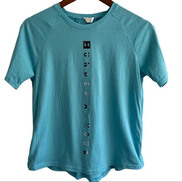 Blue Under Armour Graphic Short Sleeve Top Ruched Back Girls Youth Extra Large - Picture 1 of 10
